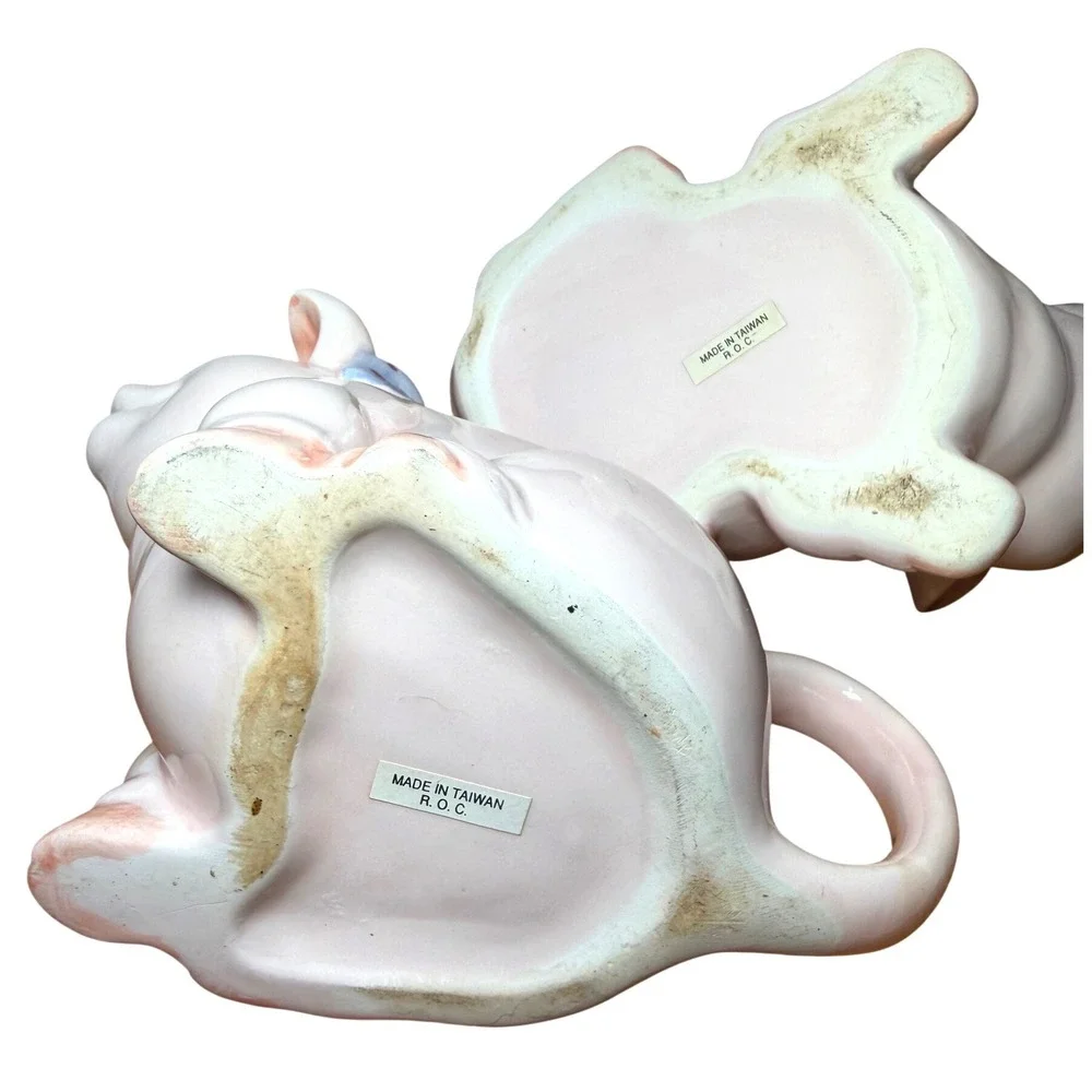 Vintage Pig Creamer and Sugar Bowl Set‎ Pink Ceramic Polka Dot Bows Farmhouse